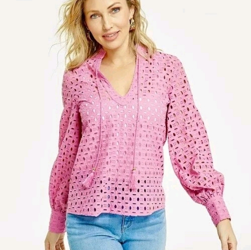 NWT Calypso St Barth Pink Eyelet Tassel Top L
